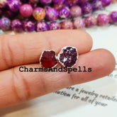 Raw Garnet Silver Electroplated Stud Earrings, January Birthstone, Sold By Piece